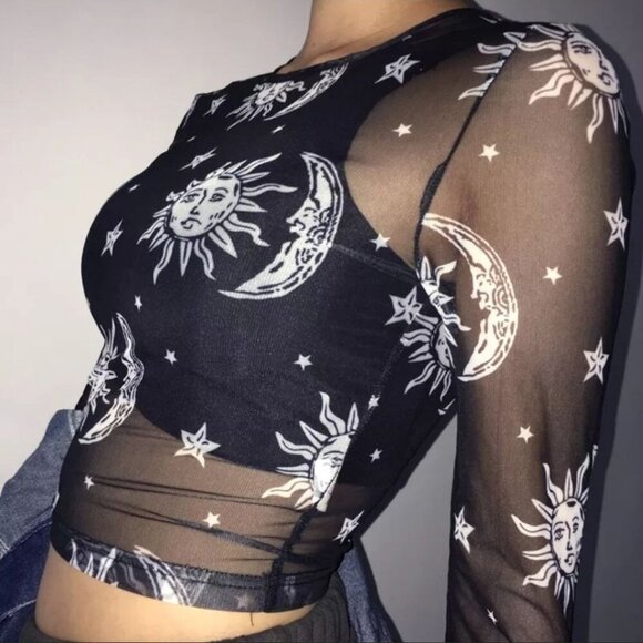 Sheer Celestial Mesh Crop Top ✦ Sun Moon Star Print ✦ Long Sleeve Stretch Fit - Picture 5 of 11